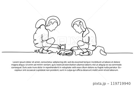 Continuous line design of boy and girl playing with cat. Single line decorative elements drawn on a white background.Art & Illustration Continuous line design of boy and girl playing with cat. Single line decorative elements drawn on a white background.Art & Illustration 119719940