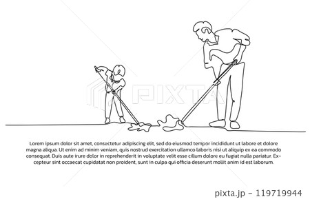 Continuous line design of son and father together cleaning the floor. Single line decorative elements drawn on a white background.Art &amp; Illustration 119719944