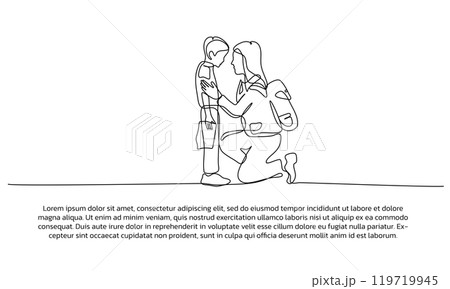 design of mother provides support to her son. Single line decorative elements drawn on a white background.rt &amp; Illustration 119719945