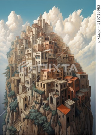 Fantasy landscape with a castle on top of a mountain. 3d illustration 119719962