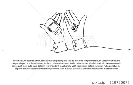 Continuous line design of hand holding capsule. Single line decorative elements drawn on a white background. 119720072