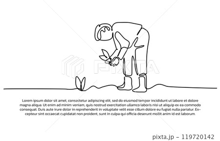 Continuous line design of a child is planting plants. Single line decorative elements drawn on a white background. Continuous line design of a child is planting plants. Single line decorative elements drawn on a white background. 119720142