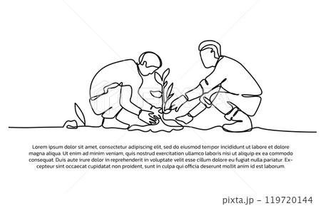 Art Continuous line design of two young people are planting plants. Single line decorative elements drawn on a white background.& Illustration Art Continuous line design of two young people are planting plants. Single line decorative elements drawn on a white background.& Illustration 119720144