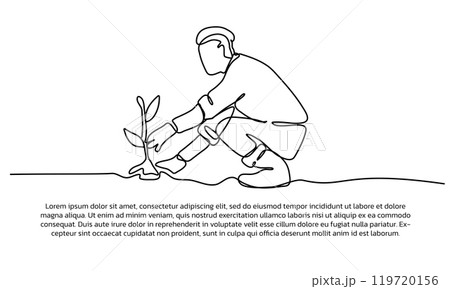 Continuous line design of a young man is carrying out reforestation. Single line decorative elements drawn on a white background. 119720156
