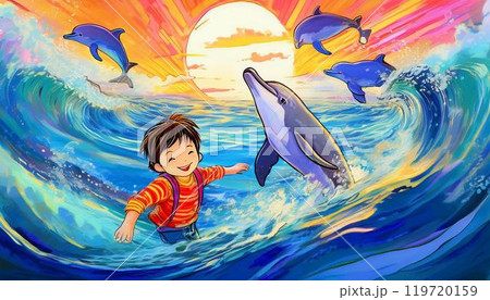海でイルカと遊ぶ子供 119720159