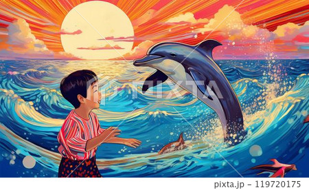 海でイルカと遊ぶ子供 119720175