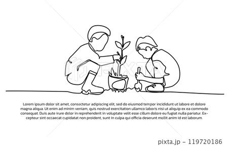 Continuous line design of child is planting plants. Single line decorative elements drawn on a white background. 119720186