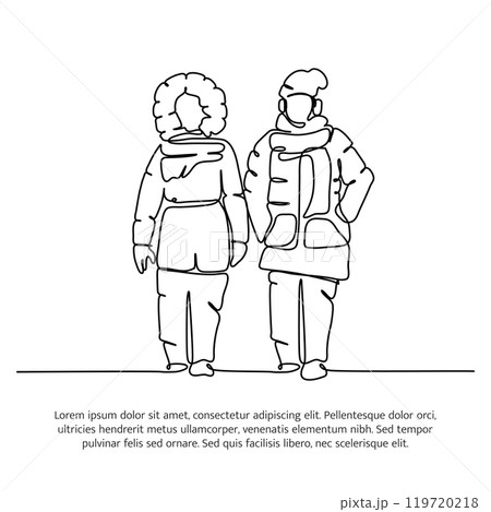 Continuous line design of two young men on holiday in winter. Single line decorative element drawn on white background. Continuous line design of two young men on holiday in winter. Single line decorative element drawn on white background. 119720218