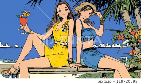 ビーチサイドのベンチで女友達とカクテルを飲んでいる若い女性