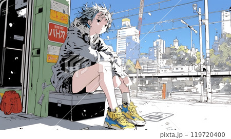 駅のプラットフォームに腰掛けて考え事をしている若い女性