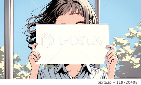 何も描いていないメッセージボードを掲げる若い女性
