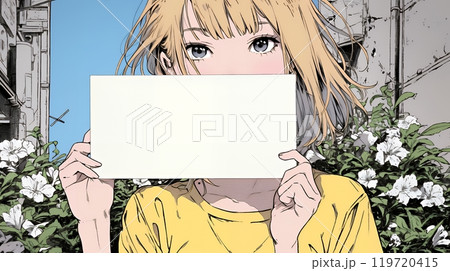 何も描いていないメッセージボードを掲げる若い女性