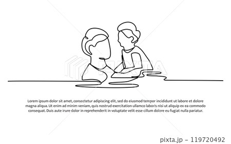 Continuous line design of father teaches boy to swim. Single line decorative elements drawn on a white background. Continuous line design of father teaches boy to swim. Single line decorative elements drawn on a white background. 119720492