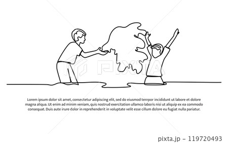 Continuous line design of two small children playing in the water. Single line decorative elements drawn on a white background. Continuous line design of two small children playing in the water. Single line decorative elements drawn on a white background. 119720493