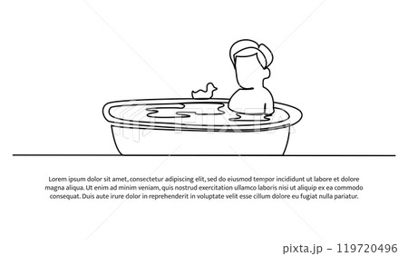 Continuous line design of toddler soaking in the bathtub playing with rubber ducks. Single line decorative elements drawn on a white background. 119720496