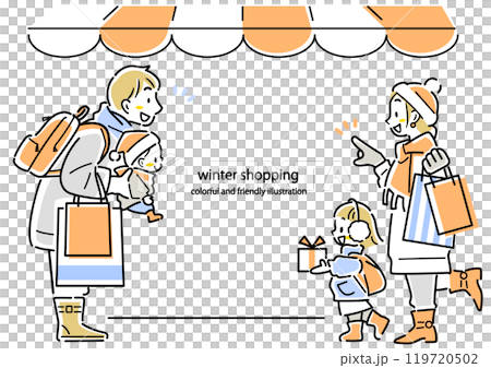 Frame of a young family enjoying winter shopping. Stylish and colorful line drawing illustration 119720502
