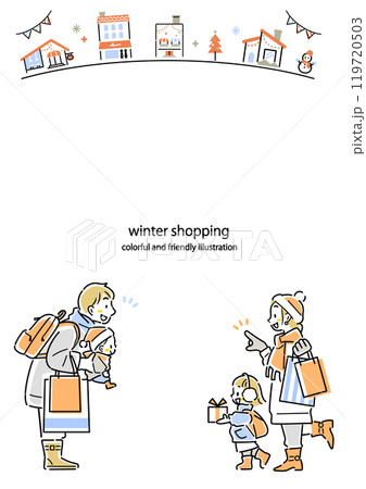 冬のショッピングを楽しむ若い家族のフレーム　お洒落でカラフルな線画イラスト 119720503