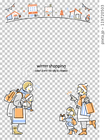 享受冬季購物的年輕家庭的框架 — 時尚多彩的線條畫插圖 享受冬季購物的年輕家庭的框架 — 時尚多彩的線條畫插圖 119720503