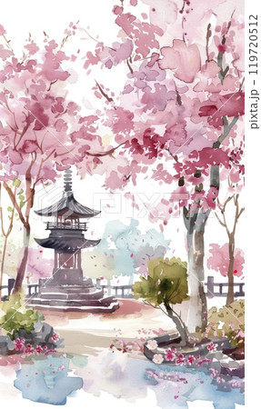 Serenity in sakura and river , Generae AI 119720512