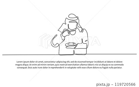 Vector illustration of a young man in a turban is drinking with a cup. Modern flat in continuous line style. 119720566