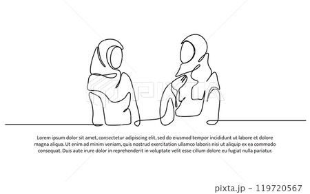 Vector illustration of two women discussing together. Modern flat in continuous line style. 119720567