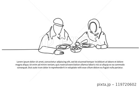 Vector illustration of muslim mother and her daughter eating together. Modern flat in continuous line style. 119720602
