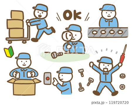 工場で働く作業服の男性のいろんな仕事のセット(ベクター) 工場で働く作業服の男性のいろんな仕事のセット(ベクター) 119720720