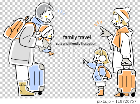 A young family going on a winter trip. Colorful and stylish line drawing illustration 119720757