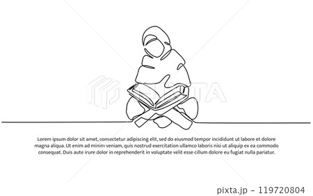 Vector illustration of a muslim woman reading the Al-Qur'an. Modern flat in continuous line style. 119720804