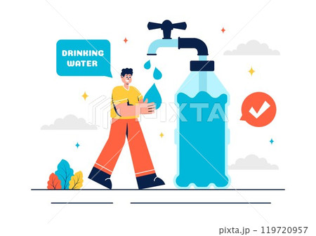 Vector Illustration of People Drinking Water from Plastic Bottles and Glasses, Featuring a Pure and Fresh Concept in a Flat Style Cartoon Background 119720957