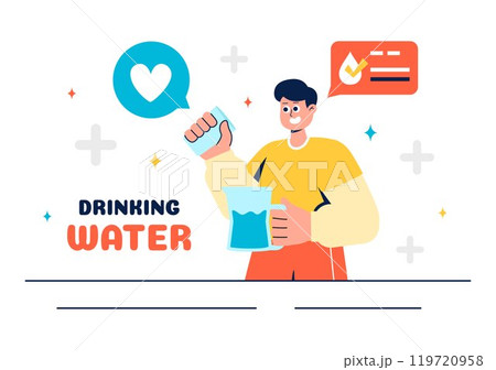 Vector Illustration of People Drinking Water from Plastic Bottles and Glasses, Featuring a Pure and Fresh Concept in a Flat Style Cartoon Background 119720958