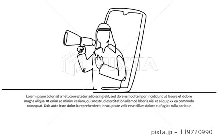 One continuous line of an Arab man holding a megaphone and showing a mobile phone screen. One continuous line of an Arab man holding a megaphone and showing a mobile phone screen. 119720990