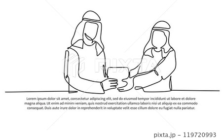 One continuous line of Arab man caring for each other for banner, poster, and greeting card. One continuous line of Arab man caring for each other for banner, poster, and greeting card. 119720993