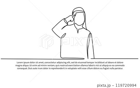 One continuous line of an Arab man having idea for banner, poster, and greeting card. One continuous line of an Arab man having idea for banner, poster, and greeting card. 119720994