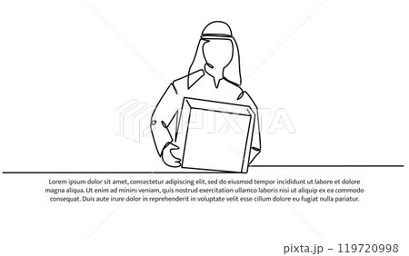 One continuous line of Arab man holding gift box for banner, poster, and greeting card. One continuous line of Arab man holding gift box for banner, poster, and greeting card. 119720998