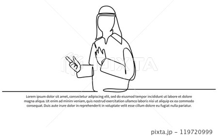 One continuous line of Arab man holding mobile phone for banner, poster, and greeting card. 119720999