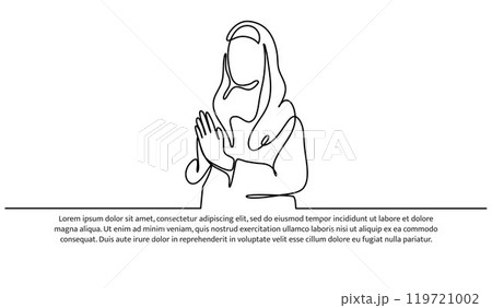 One line of beautiful Islamic woman pose gesture for banner, poster and greeting card. 119721002