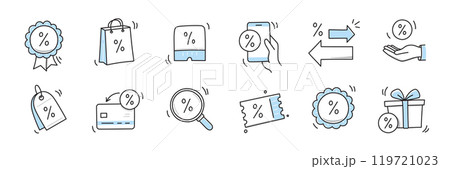 Doodle discount sale icon set. Discount percent, shop sale coupon hand drawn sketch line pen stroke style icon. Special price offer deal sketch doodle drawn collection. Vector 119721023