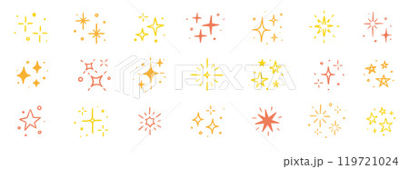 Sparkle star vector element icon. Gold star twinkle glitter spark hand drawn shine icon set. Hand drawn sketch doodle style. Magic light gold decoration background vector 119721024