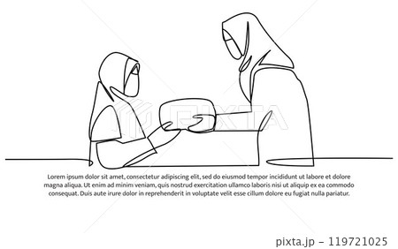 one continuous line of an Muslim women giving gifts. for Islamic celebration promotion model. 119721025