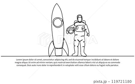 Continuous line design of spaceman and rocket concept design. Decorative elements drawn on a white background. 119721180