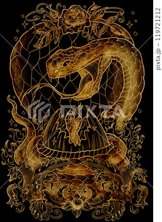 Graphic illustration with snake - symbol of the year according to chinese horoscope, and her child against black background. Esoteric, gothic and mystic artwork, epic concept for print, tattoo 119721212