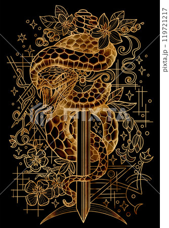 Graphic illustration with snake - symbol of the year according to chinese calendar horoscope, and sword against black background. Esoteric, gothic and mystic artwork, epic concept for print, cards Graphic illustration with snake - symbol of the year according to chinese calendar horoscope, and sword against black background. Esoteric, gothic and mystic artwork, epic concept for print, cards 119721217
