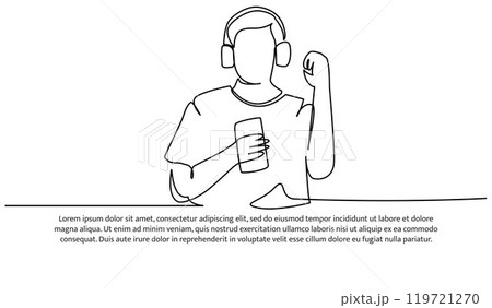 Continuous line design of listening to music using a headset. Single line decorative elements drawn on a white background. 119721270