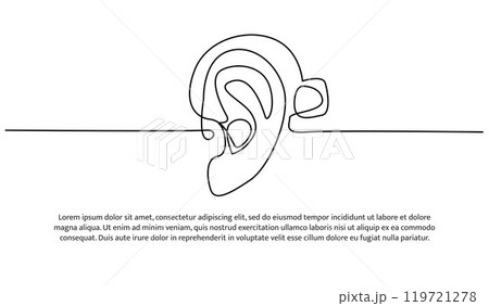Continuous line design of ear using aids. Single line decorative elements drawn on a white background. Continuous line design of ear using aids. Single line decorative elements drawn on a white background. 119721278
