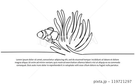 Continuous line design of clownfish life in coral reefs. Single line decorative elements drawn on a white background. 119721297