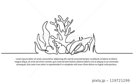 Continuous line design of the beauty of coral reefs and coral snails. Single line decorative elements drawn on a white background. 119721299