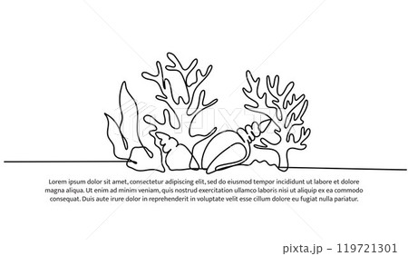 Continuous line design of the beauty of coral reefs and coral snails. Single line decorative elements drawn on a white background. 119721301