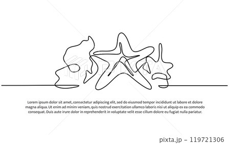 Continuous line design of star fish and reefs of ocean diversity. Single line decorative elements drawn on a white background. Continuous line design of star fish and reefs of ocean diversity. Single line decorative elements drawn on a white background. 119721306