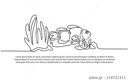 Continuous line design of clownfish life in coral reefs. Single line decorative elements drawn on a white background. 119721311